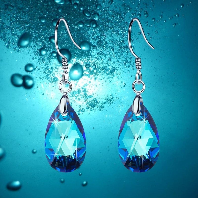EVEVIC Austrian Crystal Teardrop Dangle Earrings for Women Drop Hook Earring 925 Sterling Silver Hypoallergenic Jewelry (Bermuda Blue) - Image 5